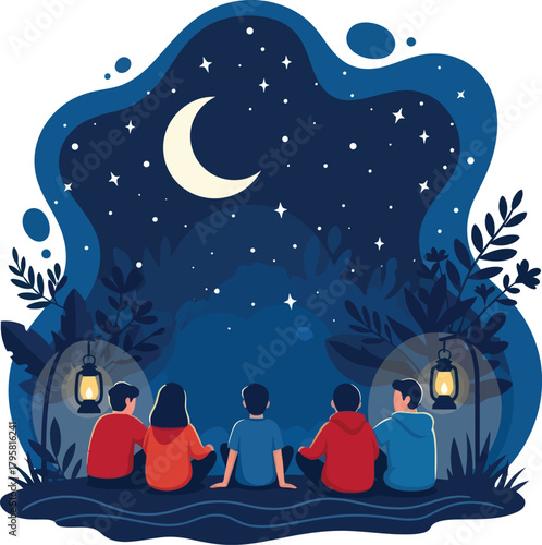 Friends gaze at a twinkling starry night sky with a luminous moon, sharing stories by lantern light in a peaceful natural setting