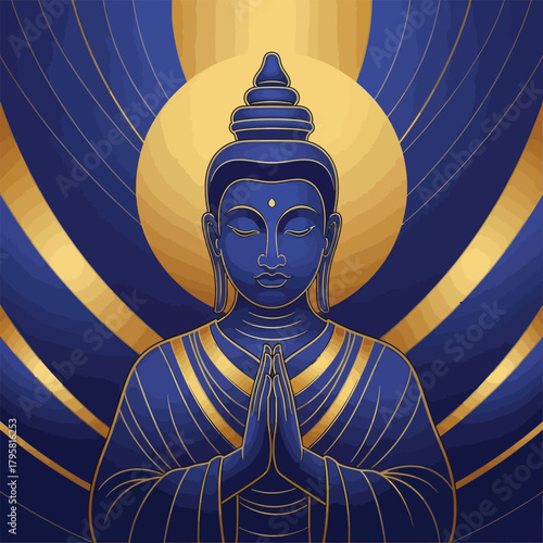 Elegant blue and gold Buddha illustration for spiritual wellness and mindful living, ideal for promoting inner peace and serenity in modern designs