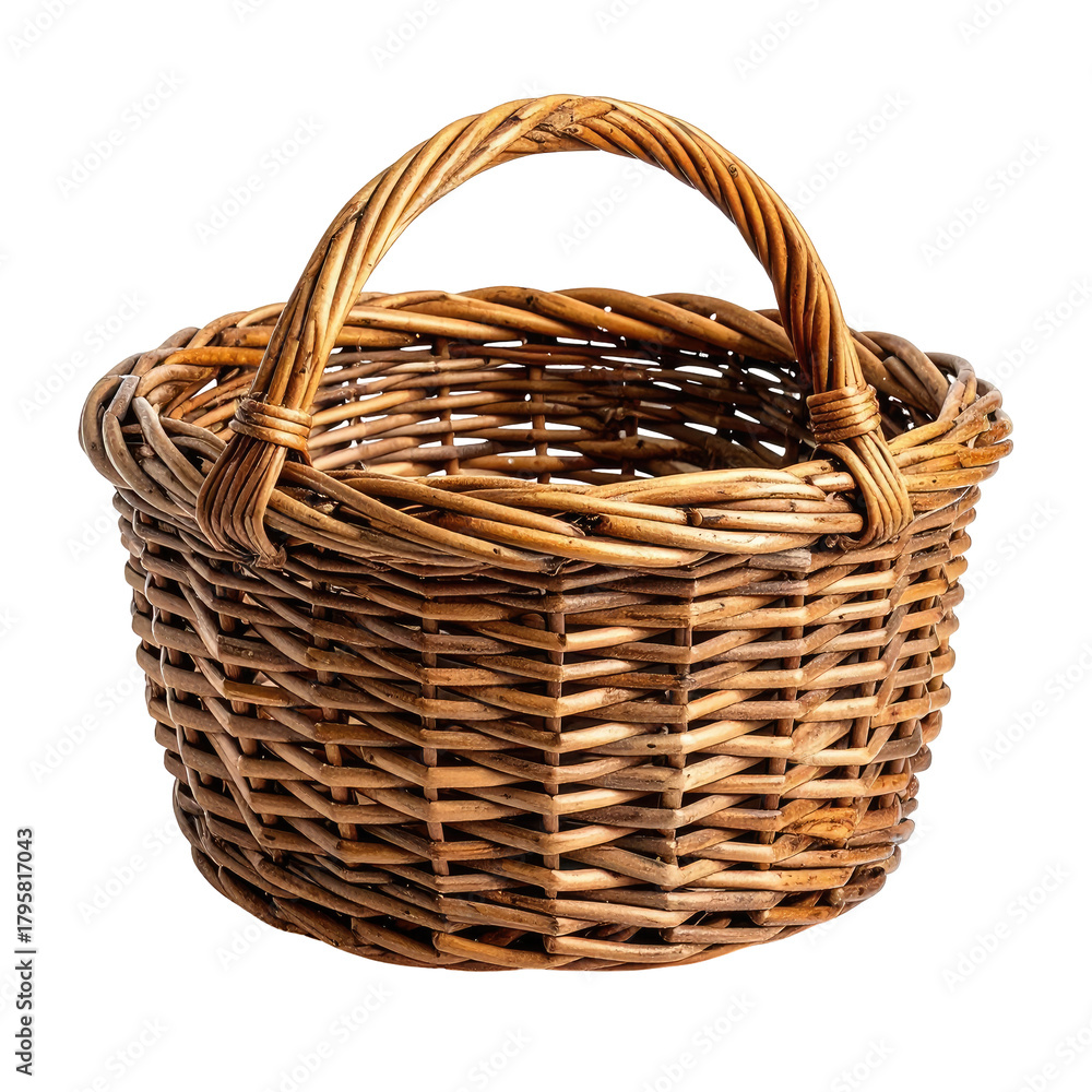 Obraz premium Wicker basket woven, round vessel with a handle, warm rustic lighting