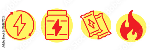Energy fitness supplement icons set isolated on transparent background. Minimal sport supplement line symbols with editable stroke, ideal for workout, nutrition, and gym-related design projects.