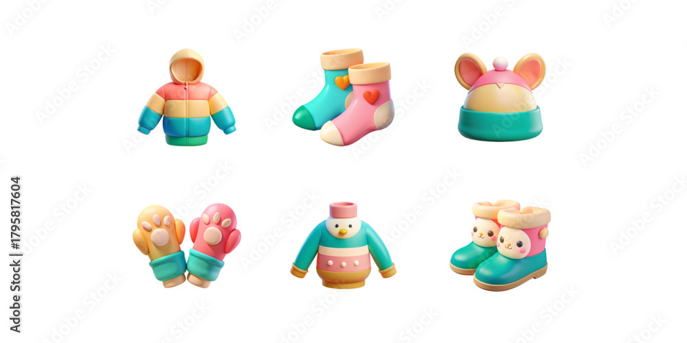 Fototapeta premium Isolated PNG pastel baby icons with mint socks, yellow-pink mittens, pastel hats, soft baby jackets and cute plush toys in gentle 3D nursery style.