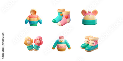 Isolated PNG pastel baby icons with mint socks, yellow-pink mittens, pastel hats, soft baby jackets and cute plush toys in gentle 3D nursery style.