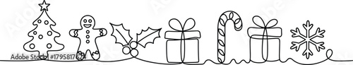 Christmas tree gingerbread man holly candy cane gifts snowflake line art