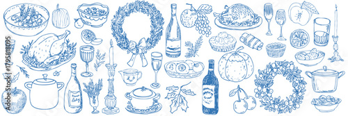 Vintage thanksgiving doodle set with seasonal food, roast turkey, fruit, drinks and festive decorations
