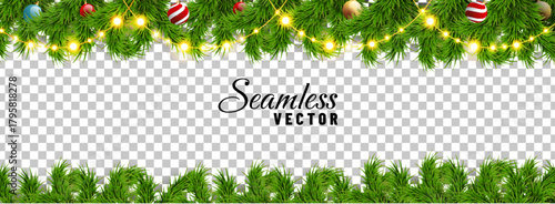 Seamless Christmas vector border with fir branches, glowing lights, and ornaments on a transparent background.