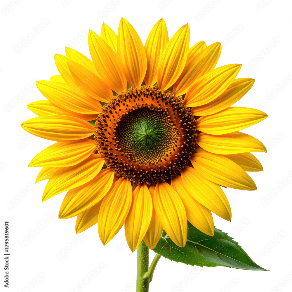 Fototapeta premium Bright sunflower with yellow petals and green stem on black backdrop