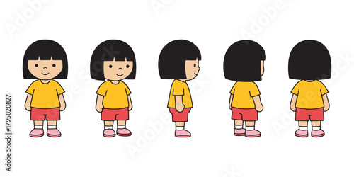 Five-view vector character model sheet of a cheerful, simple cartoon girl with black bob hair wearing a yellow shirt