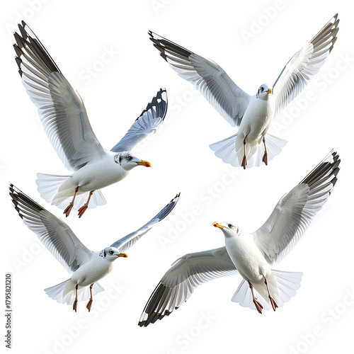 Seagulls soar. Open wings in the sky, white feathers in flight, graceful
