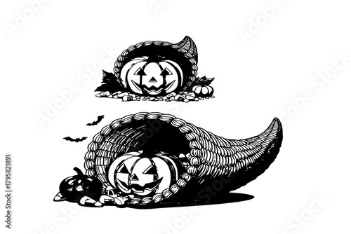 Autumn cornucopia (horn of plenty) with fruits and vegetables. Halloween
