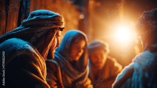 Shepherds at the manger of baby Jesus.