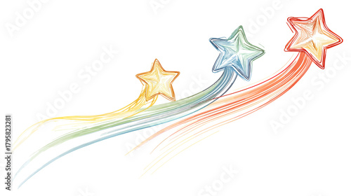 Three Colorful Shiny Stars Ascending with Glowing Trails on White Background, Symbolizing Success, Achievement, and Quality