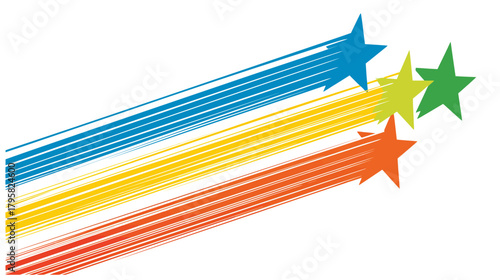 Dynamic colorful stars with speed streaks, illustrating progress, success, achievement, and top rating. Vector graphic.
