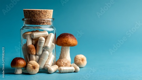 Jar of mushroom supplement capsules with fresh mushrooms on a blue background. Natural and alternative medicine concept.