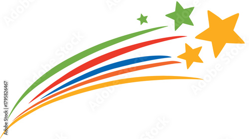 Vibrant Multi-Colored Shooting Star Trail Graphic. Dynamic Abstract Illustration with Bright Stars and Flowing Rainbow Streaks.