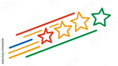 Vibrant four-star rating icon with colorful speed trails, symbolizing success, achievement, excellent quality, and positive feedback concept.