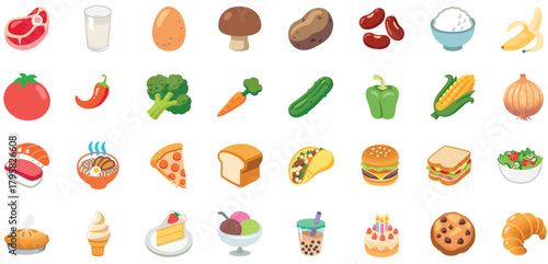 A comprehensive set of cute, flat-style vector food icons, perfect for mobile apps, menus, stickers, food blogs, or children's materials. 