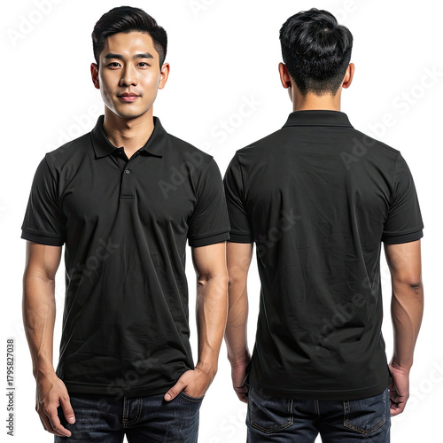 Man wearing black polo shirt front and back view over jeans