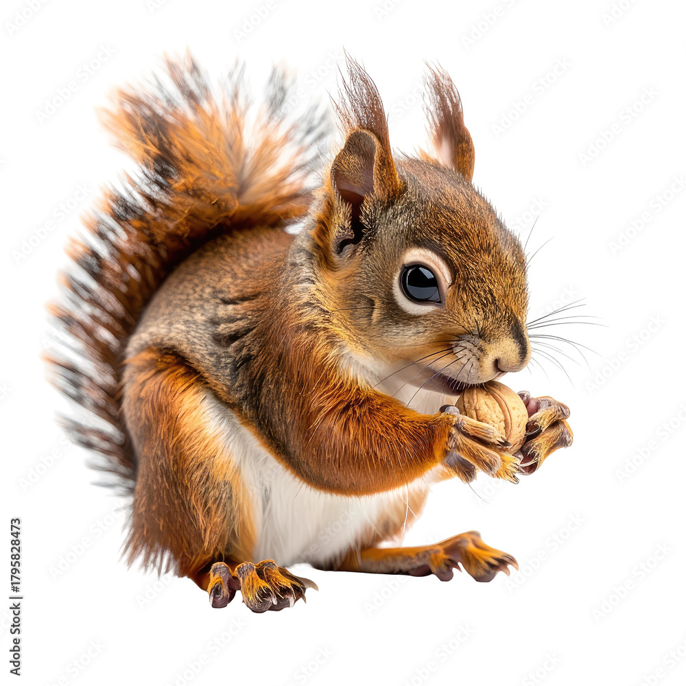 Fototapeta premium Squirrel Small rodent eats nut with bushy tail on transparent background