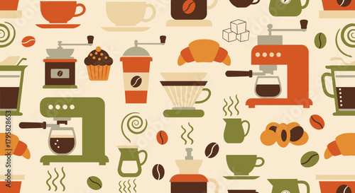 Artistic Coffee Pattern Design Featuring Drinks, Food, and Equipment in a Cozy Cafe Environment
