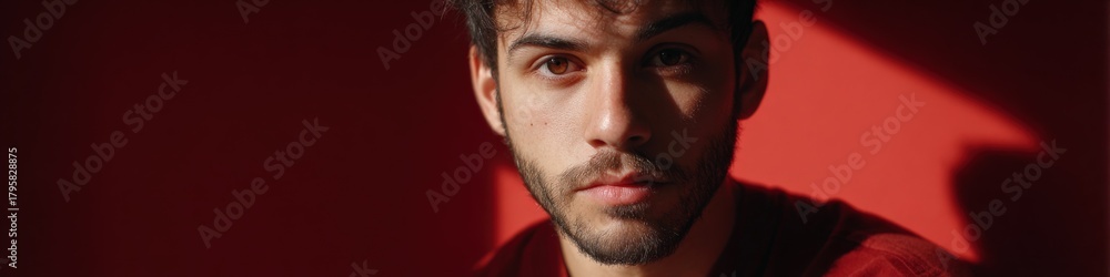 Obraz premium Young caucasian male in red light with thoughtful expression