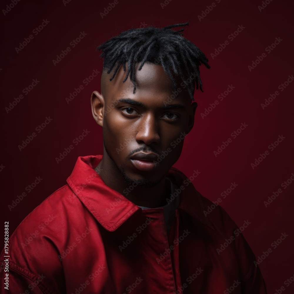 Obraz premium Portrait of young african male in red jacket against dark background