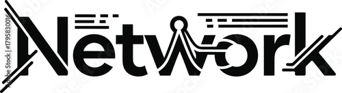 Black and white graphic featuring the word Network styled as a network diagram. The design evokes connectivity and modern technology. Perfect for digital themes.