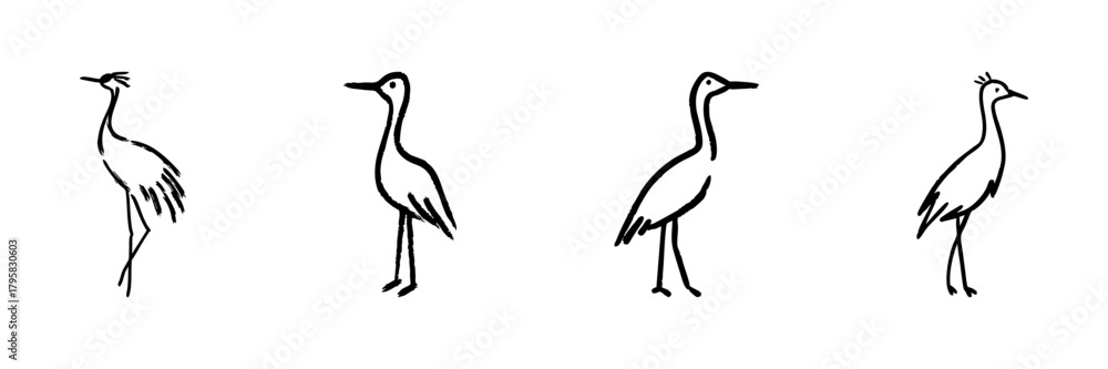 Naklejka premium Four Crane Bird Line Icons In Doodle Style. Elegant Avian Silhouettes And Wildlife Representation Outline Sketch Collection. Ornithology And Nature Art. Hand Drawn Isolated Vector Illustration