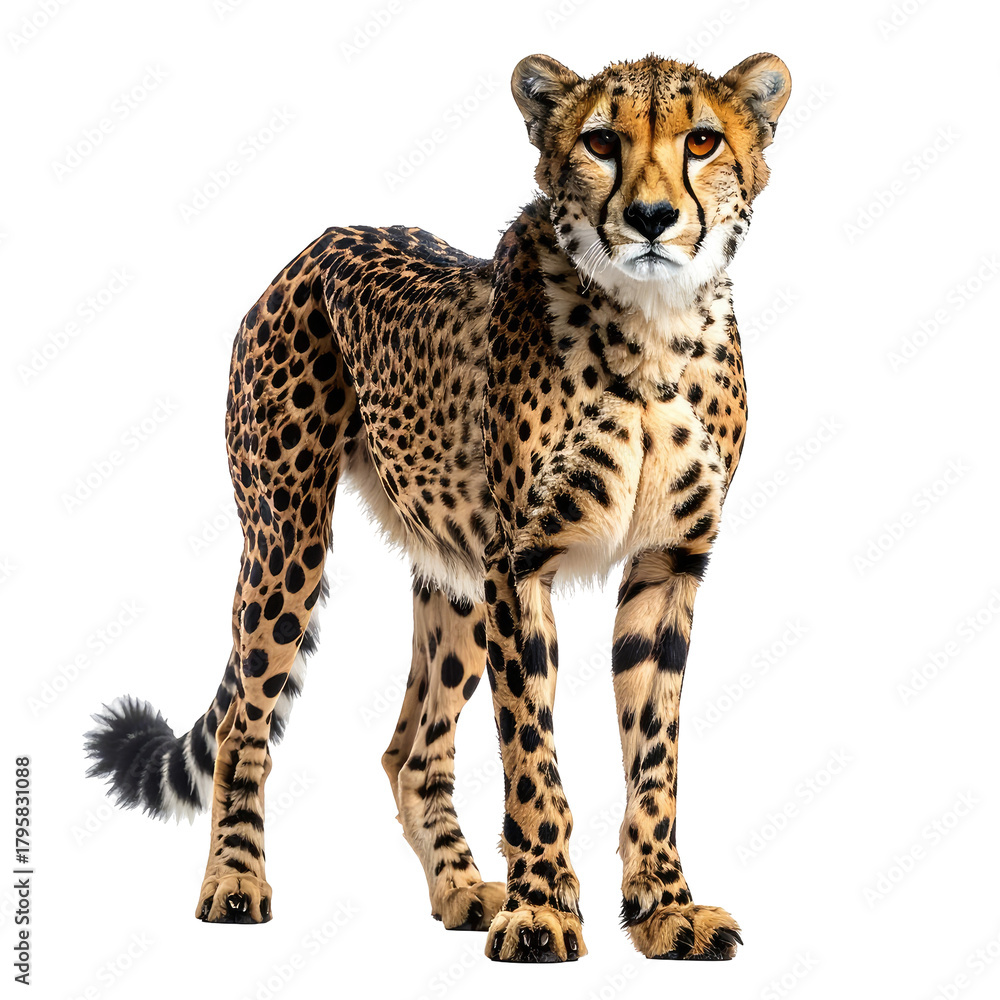 Obraz premium Spotted cheetah standing alert, looking forward, eyes intense, fur detail