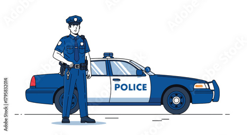Flat vector illustration of police officer standing beside patrol car on city street. Solid colors, clean minimal shapes, no gradients, concept of public safety and urban law enforcement