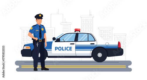 Flat vector illustration of police officer standing beside patrol car on city street. Solid colors, clean minimal shapes, no gradients, concept of public safety and urban law enforcement