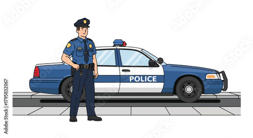 Flat vector illustration of police officer standing beside patrol car on city street. Solid colors, clean minimal shapes, no gradients, concept of public safety and urban law enforcement