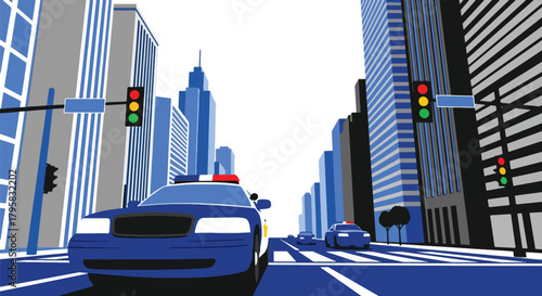 Flat vector illustration of police car patrolling busy downtown avenue with skyscrapers. Solid tones, clean geometric layout, no gradients, modern city law enforcement scene