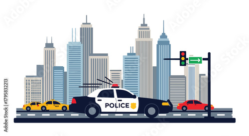 Flat vector illustration of police car patrolling busy downtown avenue with skyscrapers. Solid tones, clean geometric layout, no gradients, modern city law enforcement scene