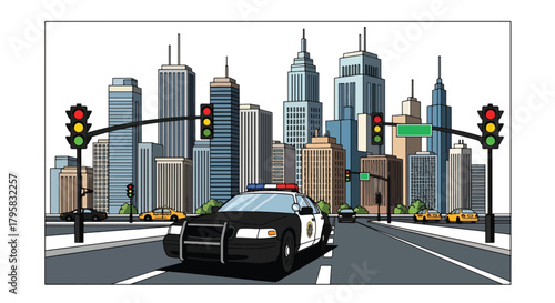 Flat vector illustration of police car patrolling busy downtown avenue with skyscrapers. Solid tones, clean geometric layout, no gradients, modern city law enforcement scene