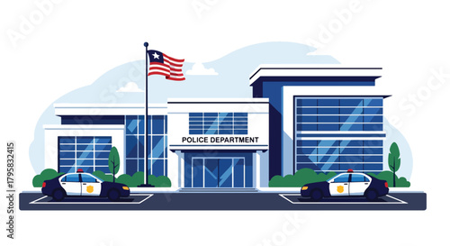 Flat vector illustration of police station building with flag, signage, and parked patrol cars. Solid clean palette, simple geometric shapes, no gradients, civic law enforcement theme