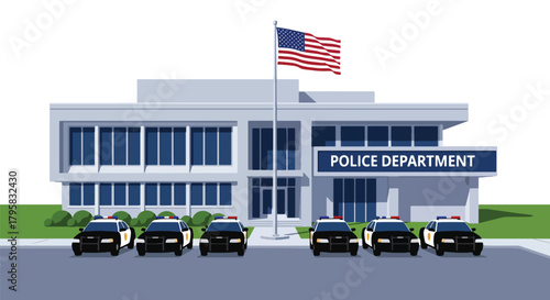 Flat vector illustration of police station building with flag, signage, and parked patrol cars. Solid clean palette, simple geometric shapes, no gradients, civic law enforcement theme