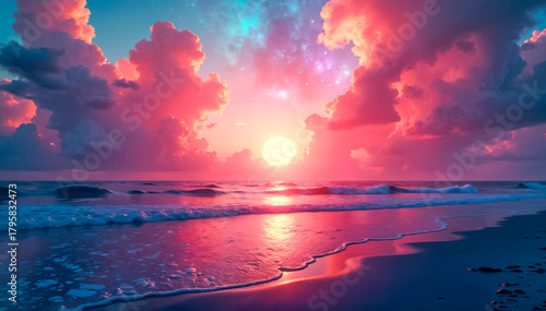 Colorful sunset over ocean, colorful clouds, beautiful horizon line