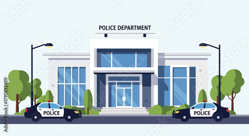 Flat vector illustration of police station building with flag, signage, and parked patrol cars. Solid clean palette, simple geometric shapes, no gradients, civic law enforcement theme