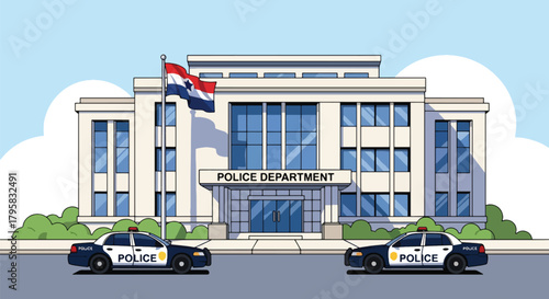 Flat vector illustration of police station building with flag, signage, and parked patrol cars. Solid clean palette, simple geometric shapes, no gradients, civic law enforcement theme