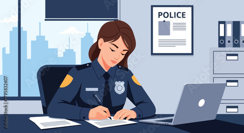 Flat vector illustration of female police officer writing report at desk with laptop and badge. Solid tones, clean office interior, no gradients, administrative law enforcement scene