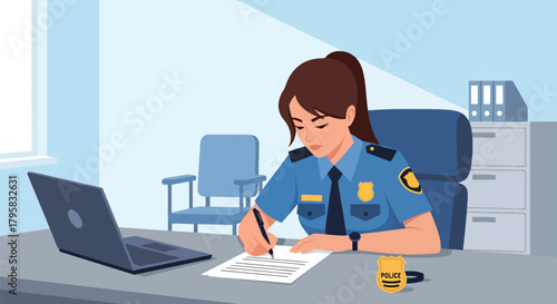 Flat vector illustration of female police officer writing report at desk with laptop and badge. Solid tones, clean office interior, no gradients, administrative law enforcement scene