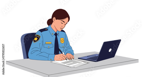 Flat vector illustration of female police officer writing report at desk with laptop and badge. Solid tones, clean office interior, no gradients, administrative law enforcement scene