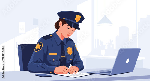 Flat vector illustration of female police officer writing report at desk with laptop and badge. Solid tones, clean office interior, no gradients, administrative law enforcement scene