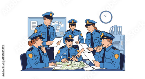 Flat vector illustration of officers gathered around table reviewing maps and documents. Solid colors, clean meeting room layout, no gradients, teamwork and strategy concept