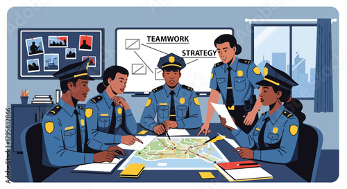 Flat vector illustration of officers gathered around table reviewing maps and documents. Solid colors, clean meeting room layout, no gradients, teamwork and strategy concept