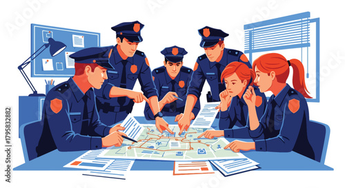 Flat vector illustration of officers gathered around table reviewing maps and documents. Solid colors, clean meeting room layout, no gradients, teamwork and strategy concept
