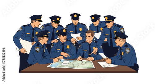 Flat vector illustration of officers gathered around table reviewing maps and documents. Solid colors, clean meeting room layout, no gradients, teamwork and strategy concept