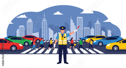 Flat vector illustration of traffic officer directing vehicles and pedestrians at busy intersection. Solid bold colors, clean urban setting, no gradients, public safety theme