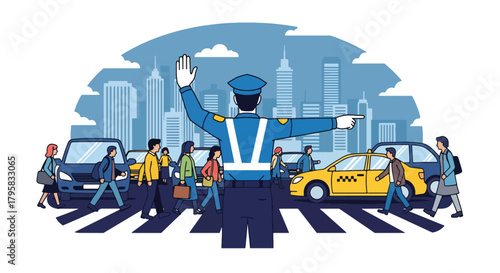 Flat vector illustration of traffic officer directing vehicles and pedestrians at busy intersection. Solid bold colors, clean urban setting, no gradients, public safety theme