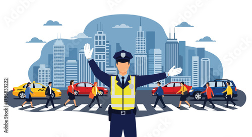 Flat vector illustration of traffic officer directing vehicles and pedestrians at busy intersection. Solid bold colors, clean urban setting, no gradients, public safety theme